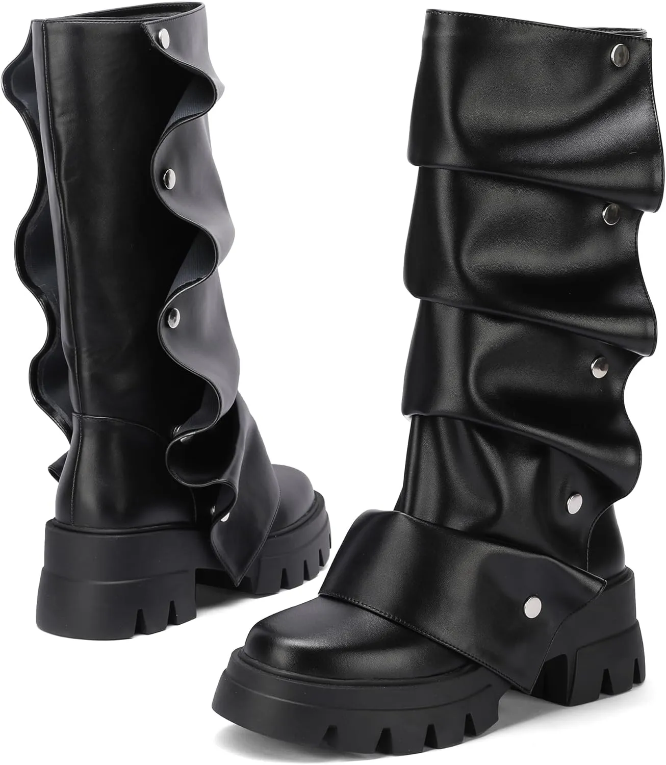 Women's Platform Mid-Calf Boots Fold Over Slouchy Style with Removable Ruched Panel Round Toe 3-In Chunky Heel Boots