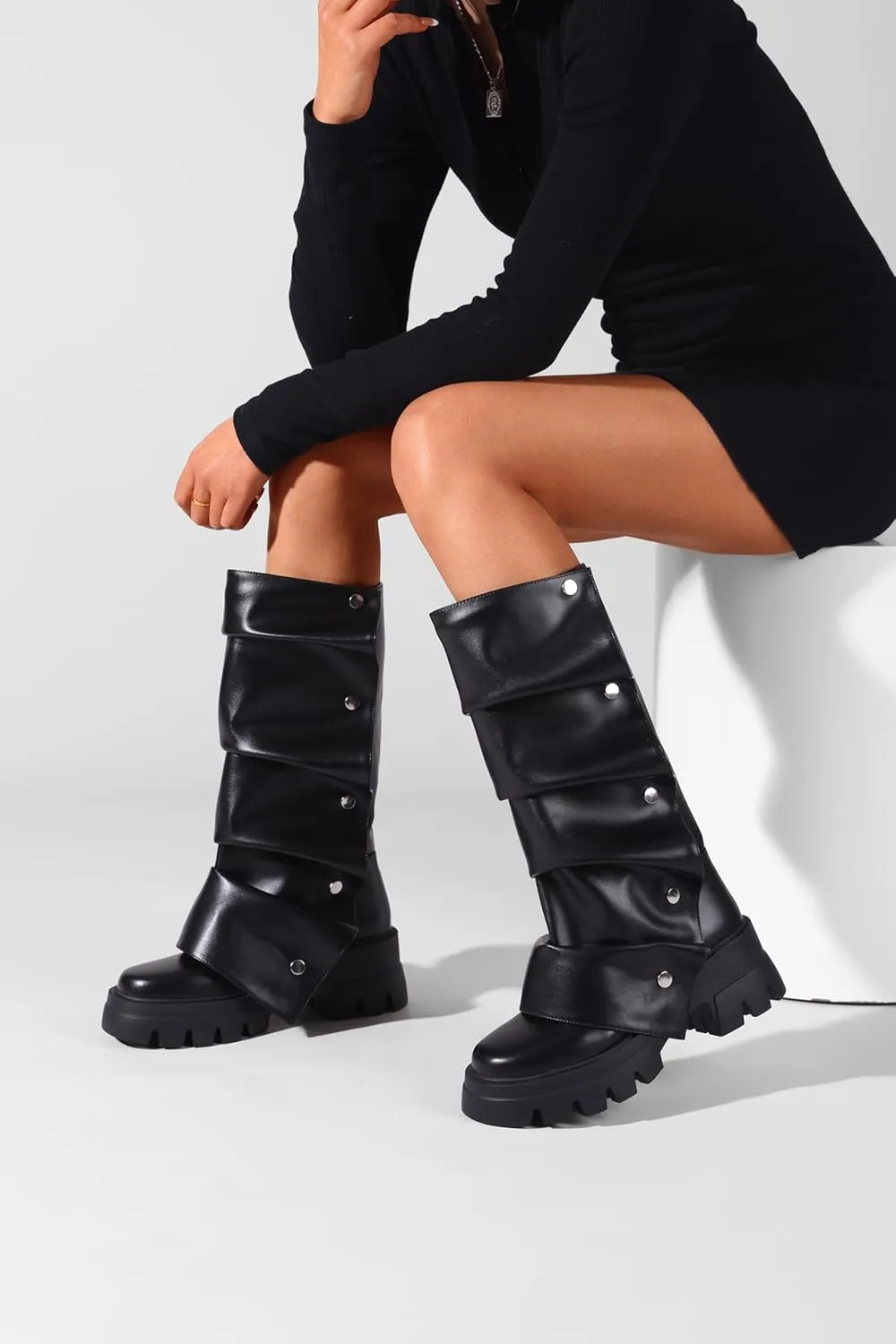 Women's Platform Mid-Calf Boots Fold Over Slouchy Style with Removable Ruched Panel Round Toe 3-In Chunky Heel Boots