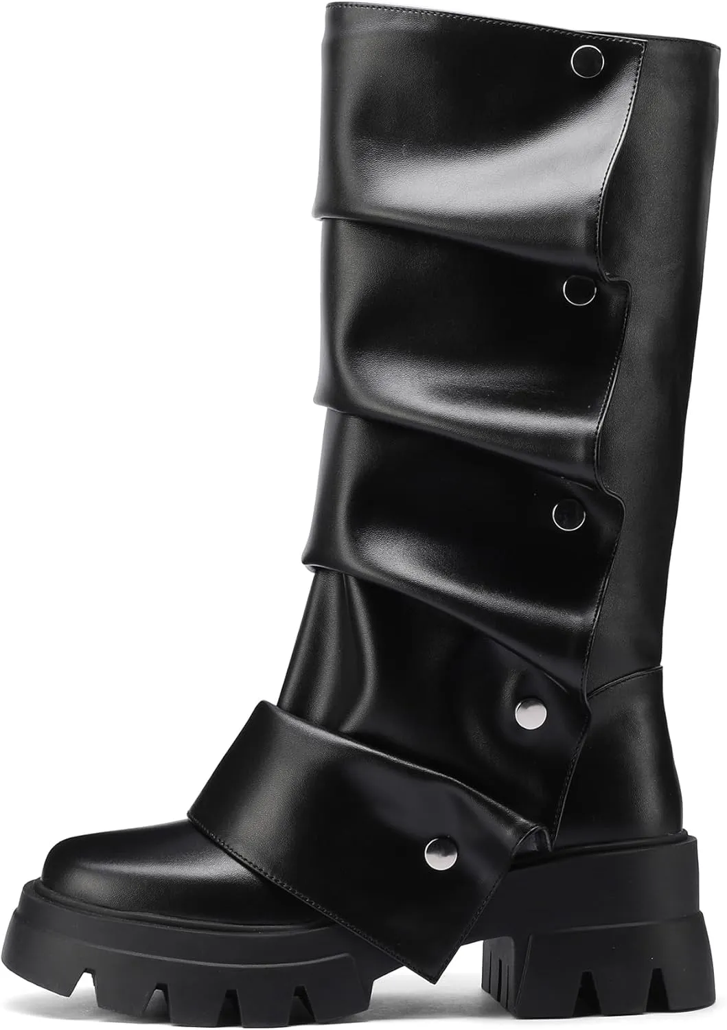 Women's Platform Mid-Calf Boots Fold Over Slouchy Style with Removable Ruched Panel Round Toe 3-In Chunky Heel Boots
