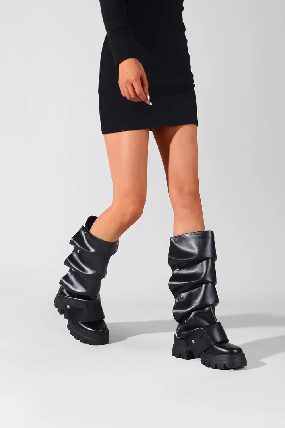 Women's Platform Mid-Calf Boots Fold Over Slouchy Style with Removable Ruched Panel Round Toe 3-In Chunky Heel Boots