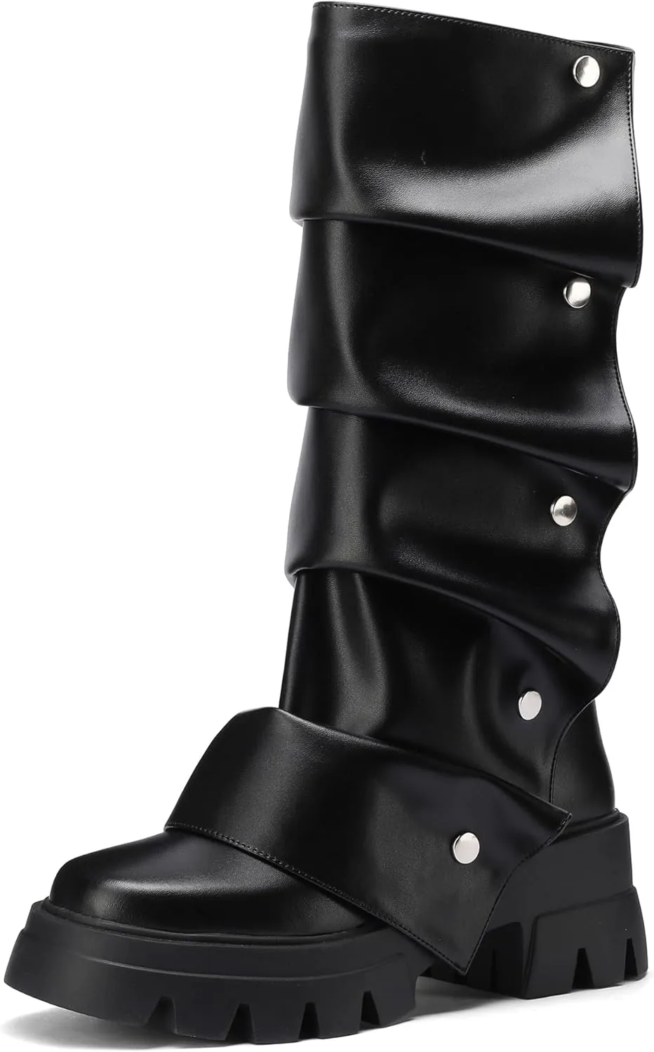 Women's Platform Mid-Calf Boots Fold Over Slouchy Style with Removable Ruched Panel Round Toe 3-In Chunky Heel Boots