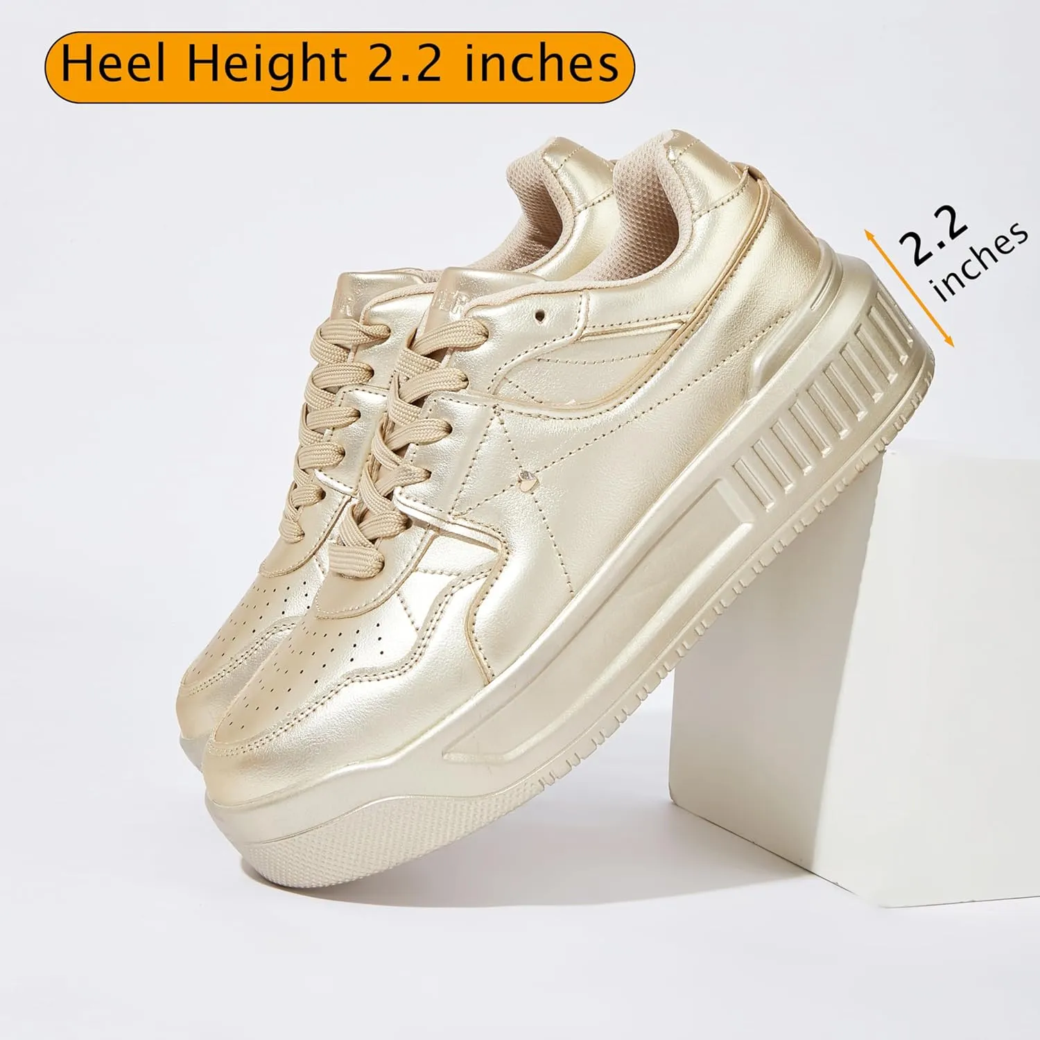 Women's Platform Sneakers Sparkle Rhinestone Chunky Shoes Leather Low Top Lace Up Walking Shoes