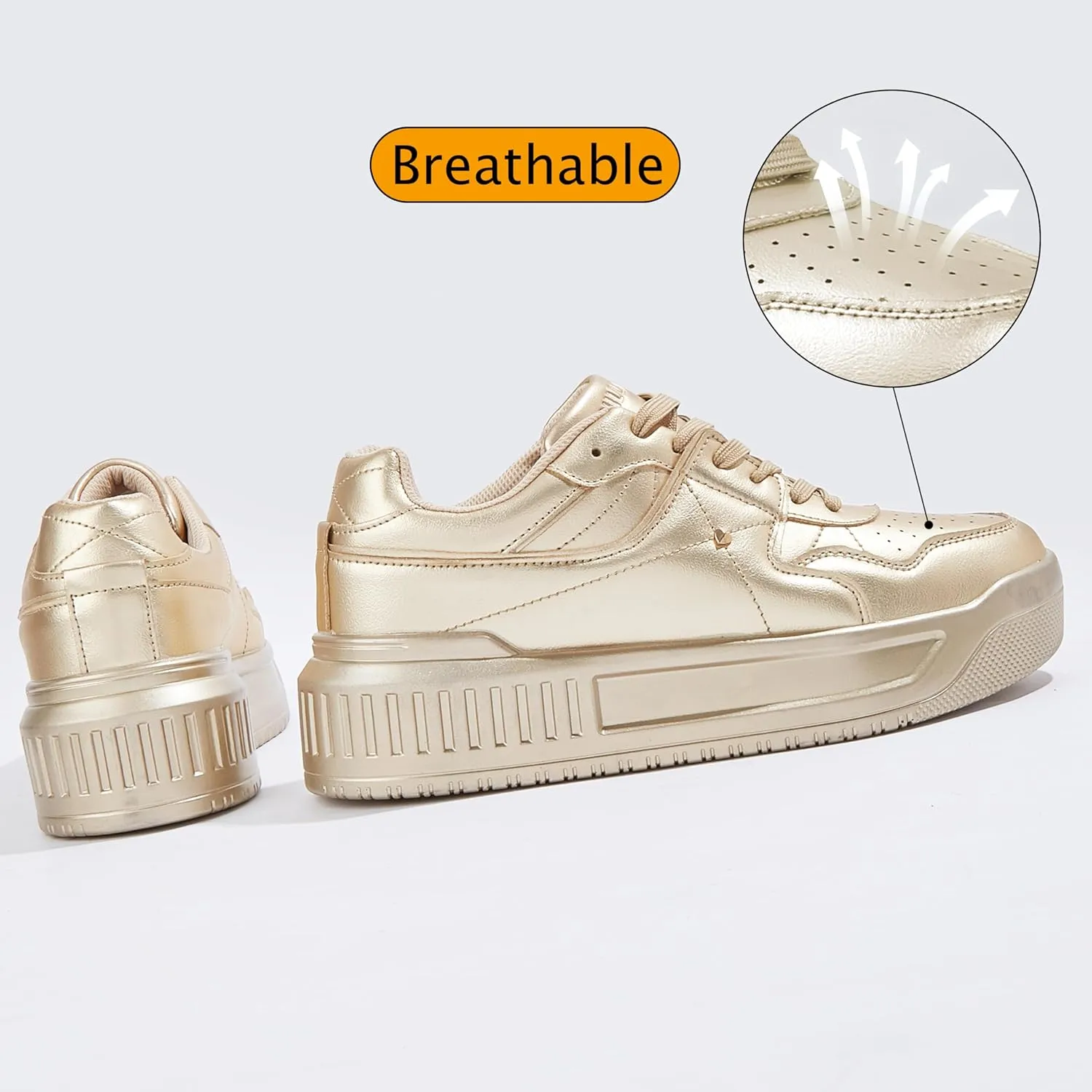 Women's Platform Sneakers Sparkle Rhinestone Chunky Shoes Leather Low Top Lace Up Walking Shoes