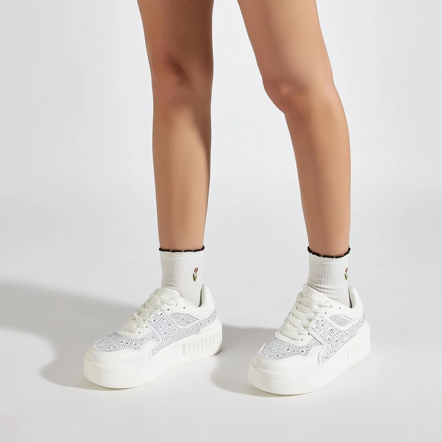 Women's Platform Sneakers Sparkle Rhinestone Chunky Shoes Leather Low Top Lace Up Walking Shoes