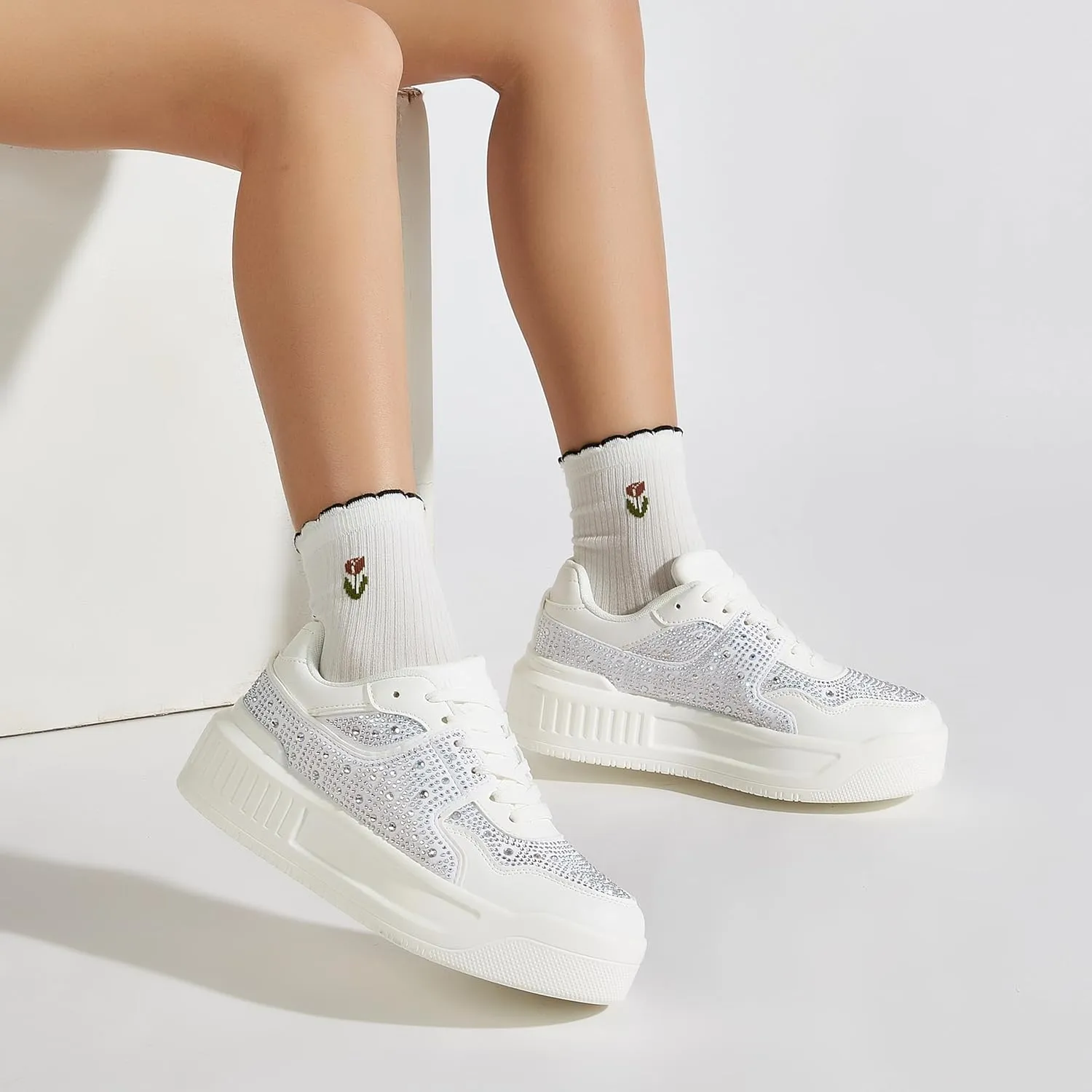 Women's Platform Sneakers Sparkle Rhinestone Chunky Shoes Leather Low Top Lace Up Walking Shoes
