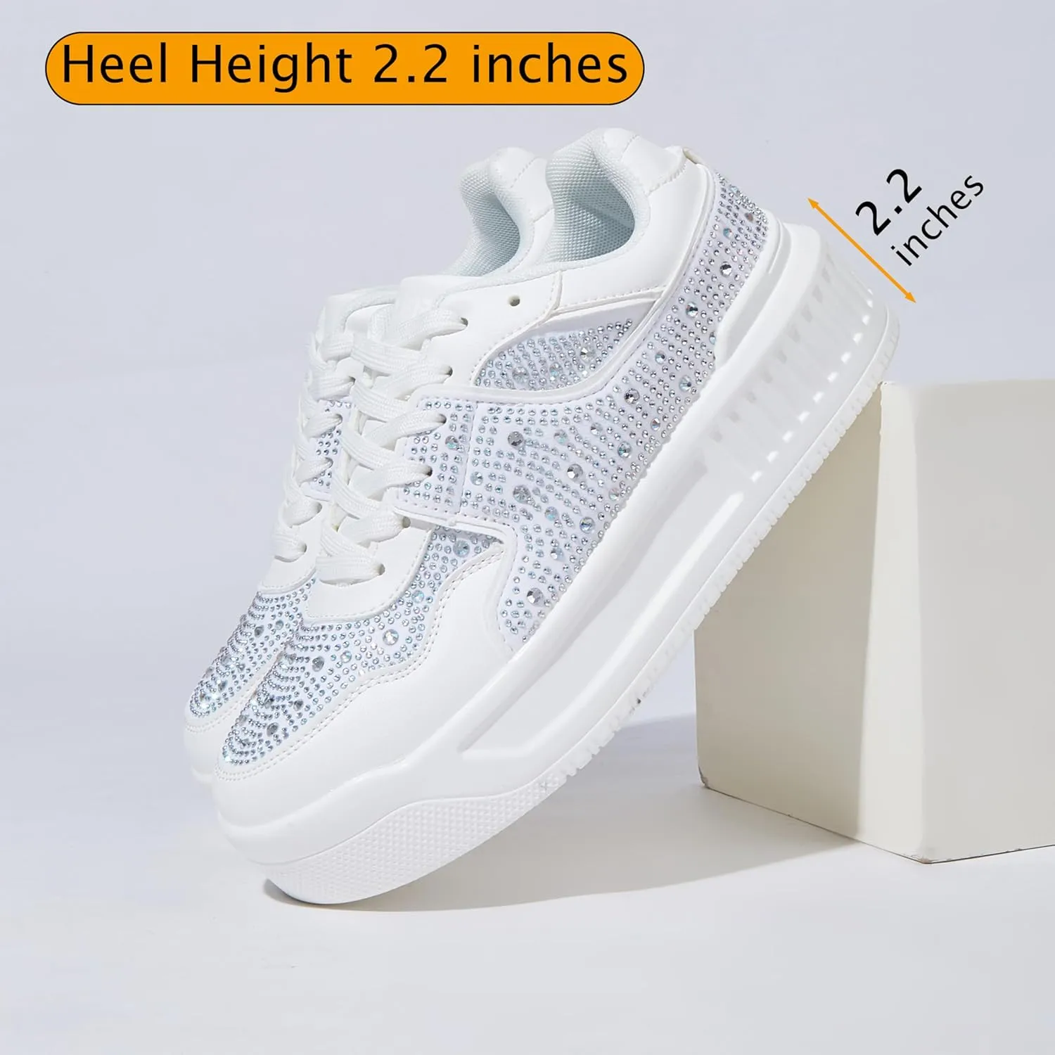 Women's Platform Sneakers Sparkle Rhinestone Chunky Shoes Leather Low Top Lace Up Walking Shoes