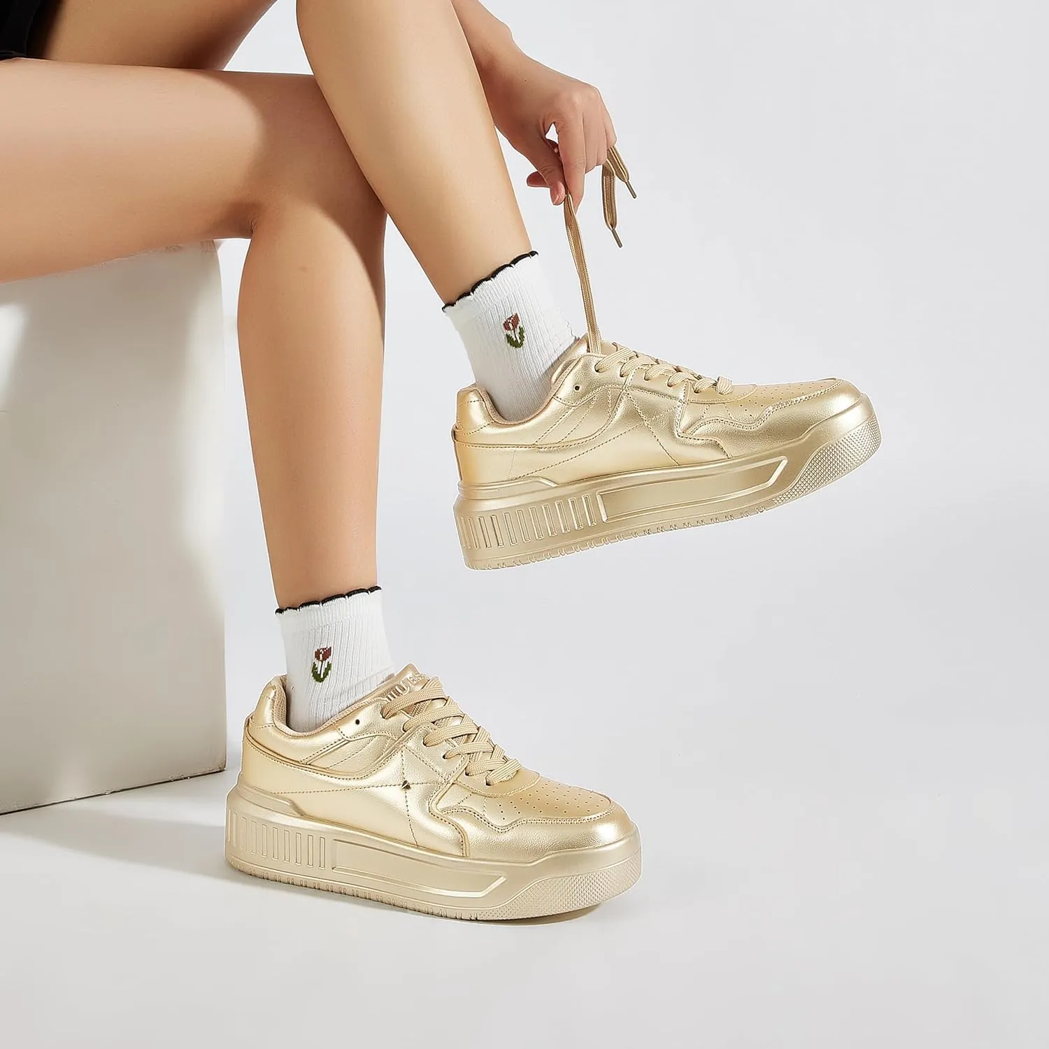 Women's Platform Sneakers Sparkle Rhinestone Chunky Shoes Leather Low Top Lace Up Walking Shoes