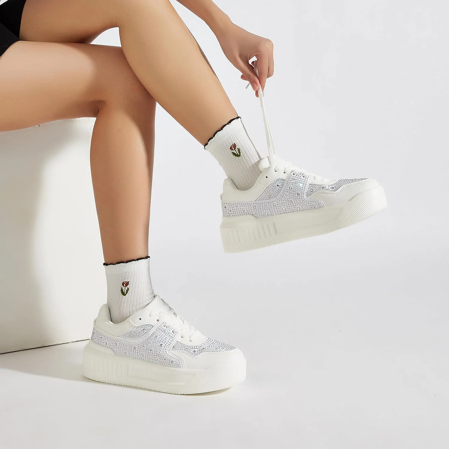 Women's Platform Sneakers Sparkle Rhinestone Chunky Shoes Leather Low Top Lace Up Walking Shoes