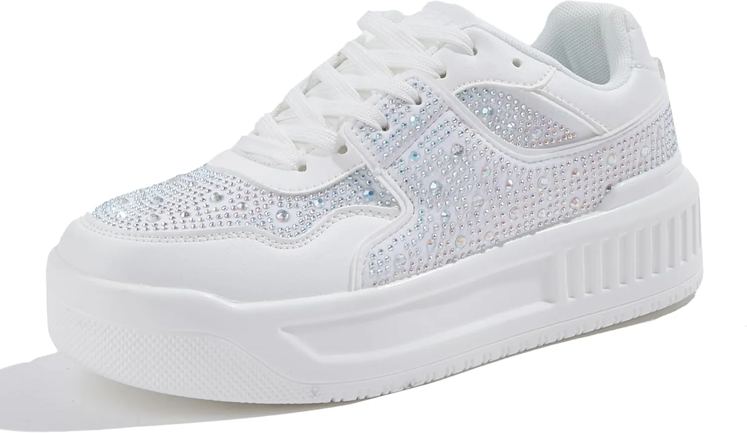 Women's Platform Sneakers Sparkle Rhinestone Chunky Shoes Leather Low Top Lace Up Walking Shoes