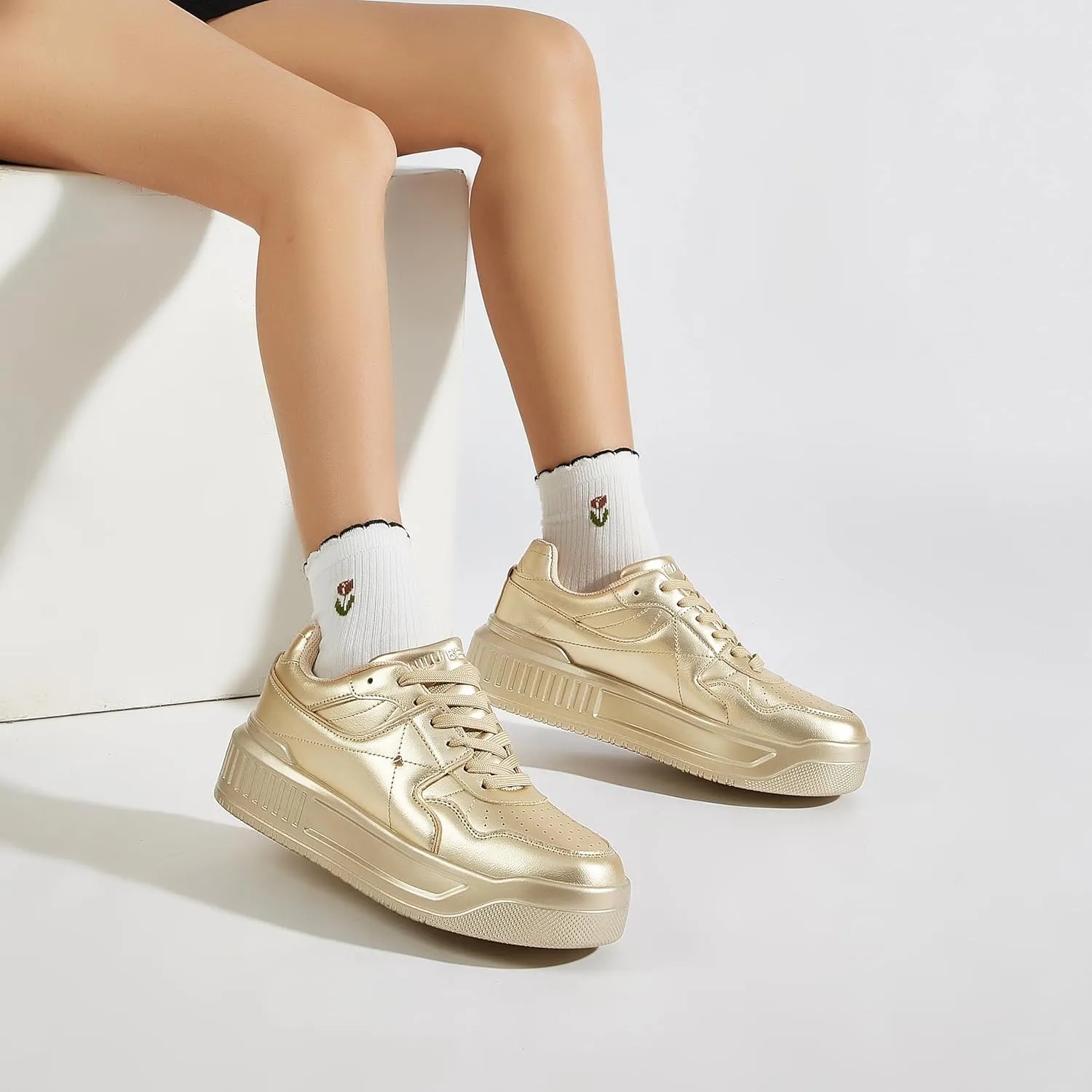 Women's Platform Sneakers Sparkle Rhinestone Chunky Shoes Leather Low Top Lace Up Walking Shoes