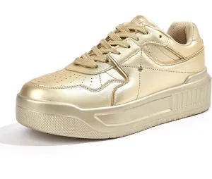 Women's Platform Sneakers Sparkle Rhinestone Chunky Shoes Leather Low Top Lace Up Walking Shoes