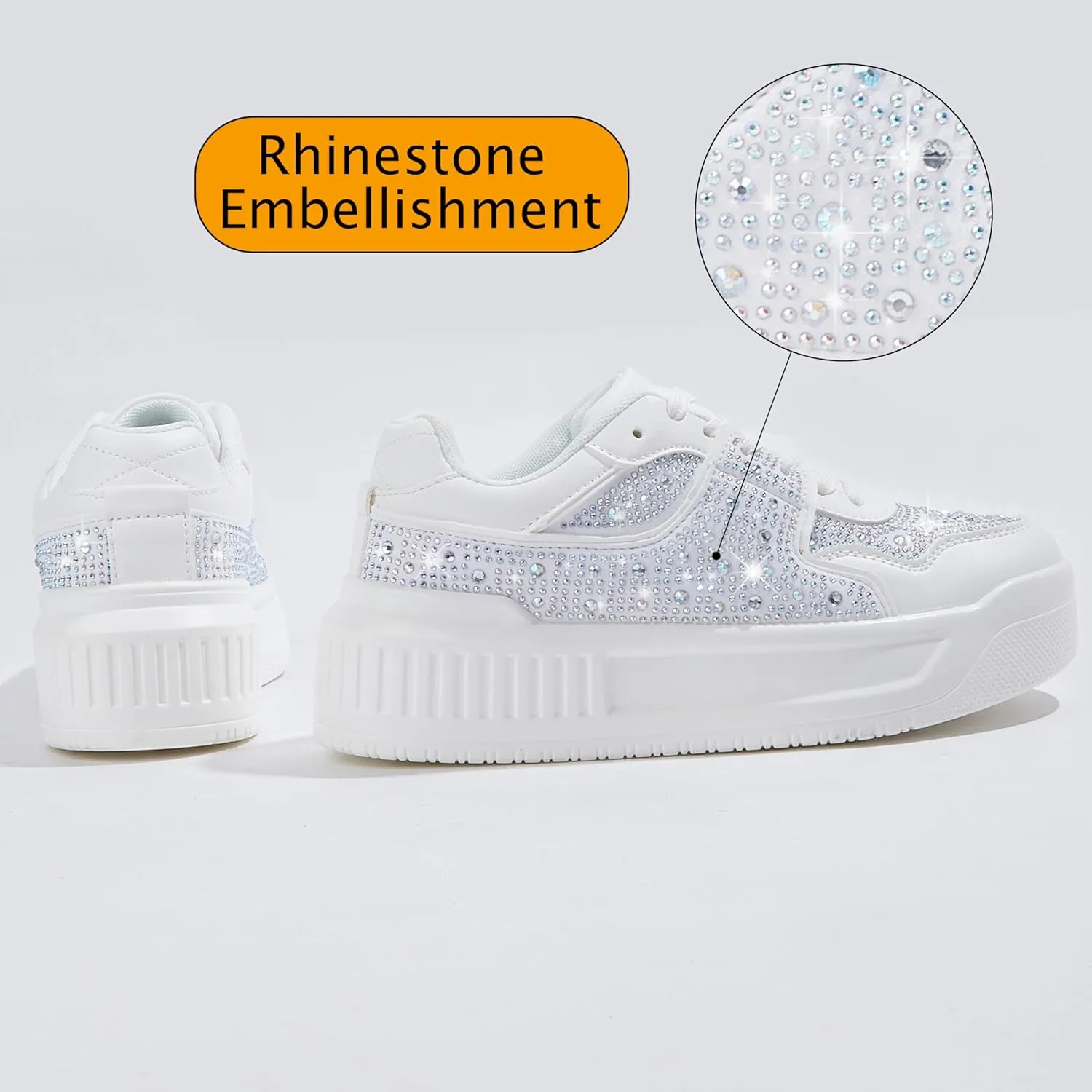 Women's Platform Sneakers Sparkle Rhinestone Chunky Shoes Leather Low Top Lace Up Walking Shoes