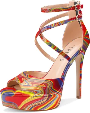 Women's Platform Stiletto High Heels Peep Open Toe Crisscross Stilettos Strappy Sandals Heeled Spring Summer Sandals for Ladies Comfy 5 Inch