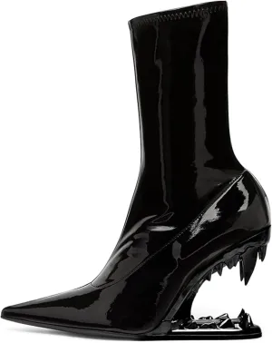 Women's Pointed Toe Side Zipper Ankle Boots Metallic Mirror Tiger Tooth High Heels