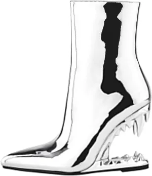Women's Pointed Toe Side Zipper Ankle Boots Metallic Mirror Tiger Tooth High Heels