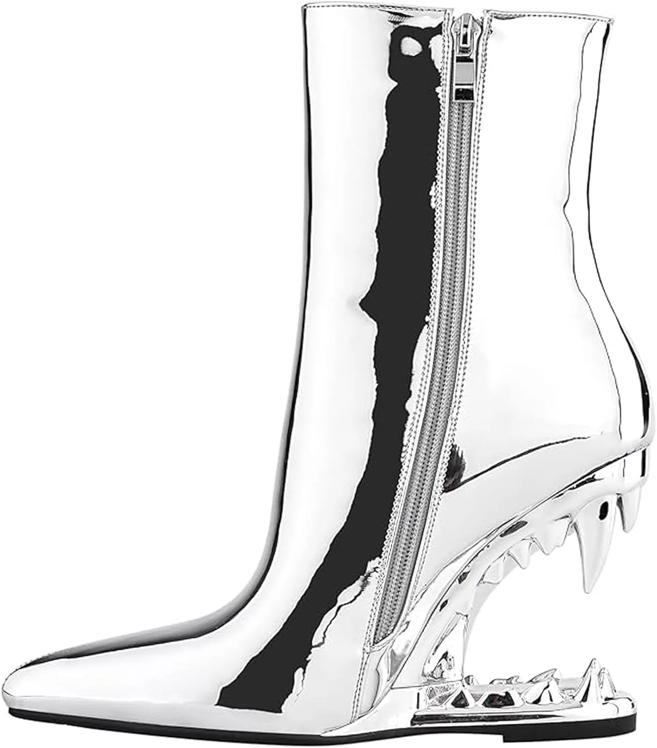 Women's Pointed Toe Side Zipper Ankle Boots Metallic Mirror Tiger Tooth High Heels