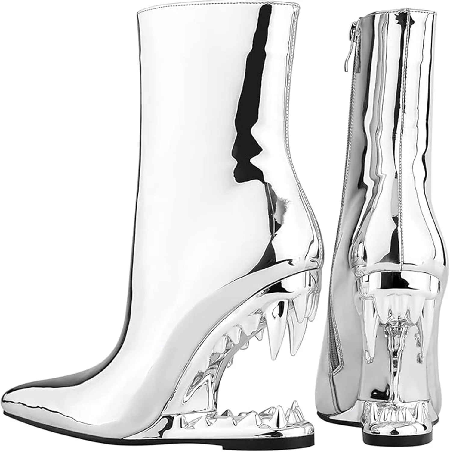 Women's Pointed Toe Side Zipper Ankle Boots Metallic Mirror Tiger Tooth High Heels