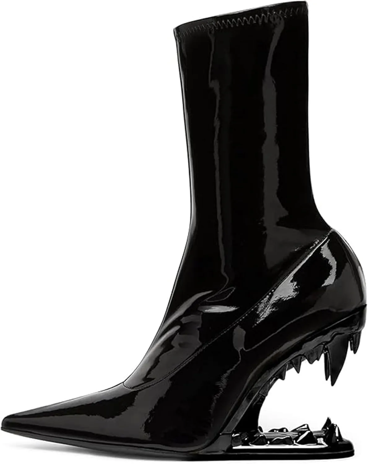 Women's Pointed Toe Side Zipper Ankle Boots Metallic Mirror Tiger Tooth High Heels
