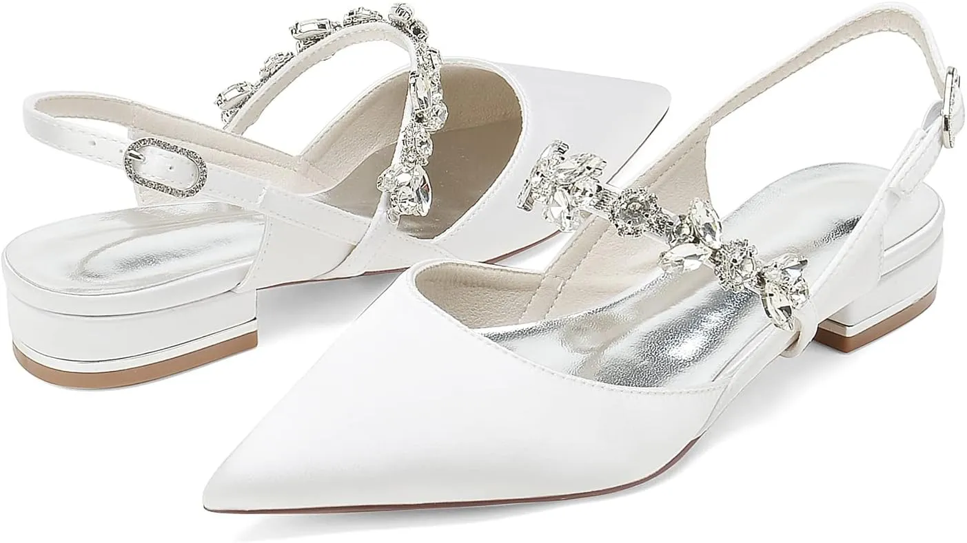 Women's Pointed Toe Wedding Flats Bridal Shoes for Bride Pearls Slingback Bridesmaid Shoes Prom Dressy Flats