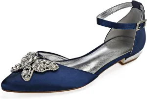 Women's Pointed Toe Wedding Flats for Bride Buckle Satin Wedding Bridal Shoes Formal Prom Party Dress Pumps