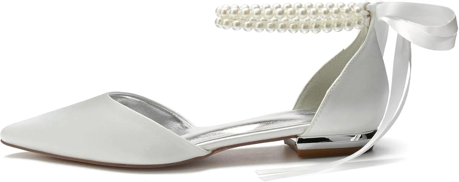 Women's Pointed Toe Wedding Flats for Bride Pearl Ankle Strap Satin Bridal Shoes Formal Prom Party Dress Pumps