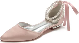 Women's Pointed Toe Wedding Flats for Bride Pearl Ankle Strap Satin Bridal Shoes Formal Prom Party Dress Pumps