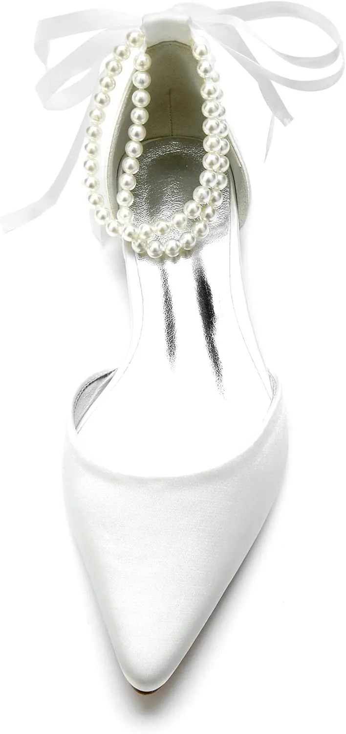 Women's Pointed Toe Wedding Flats for Bride Pearl Ankle Strap Satin Bridal Shoes Formal Prom Party Dress Pumps