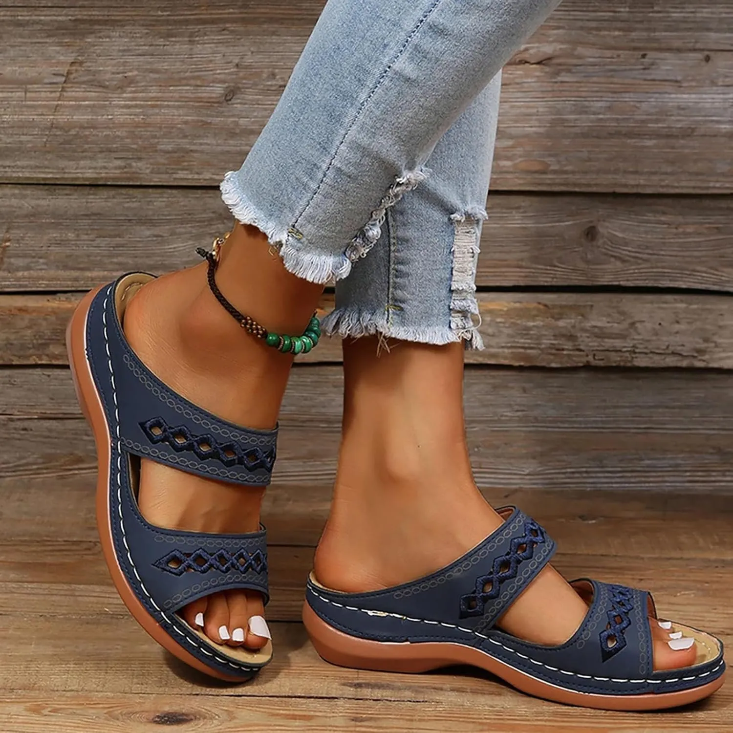 Women's Premium PU Cover Slip-On Sandals, Summer Breathable Non-slip Wedge Beach Walking Shoes