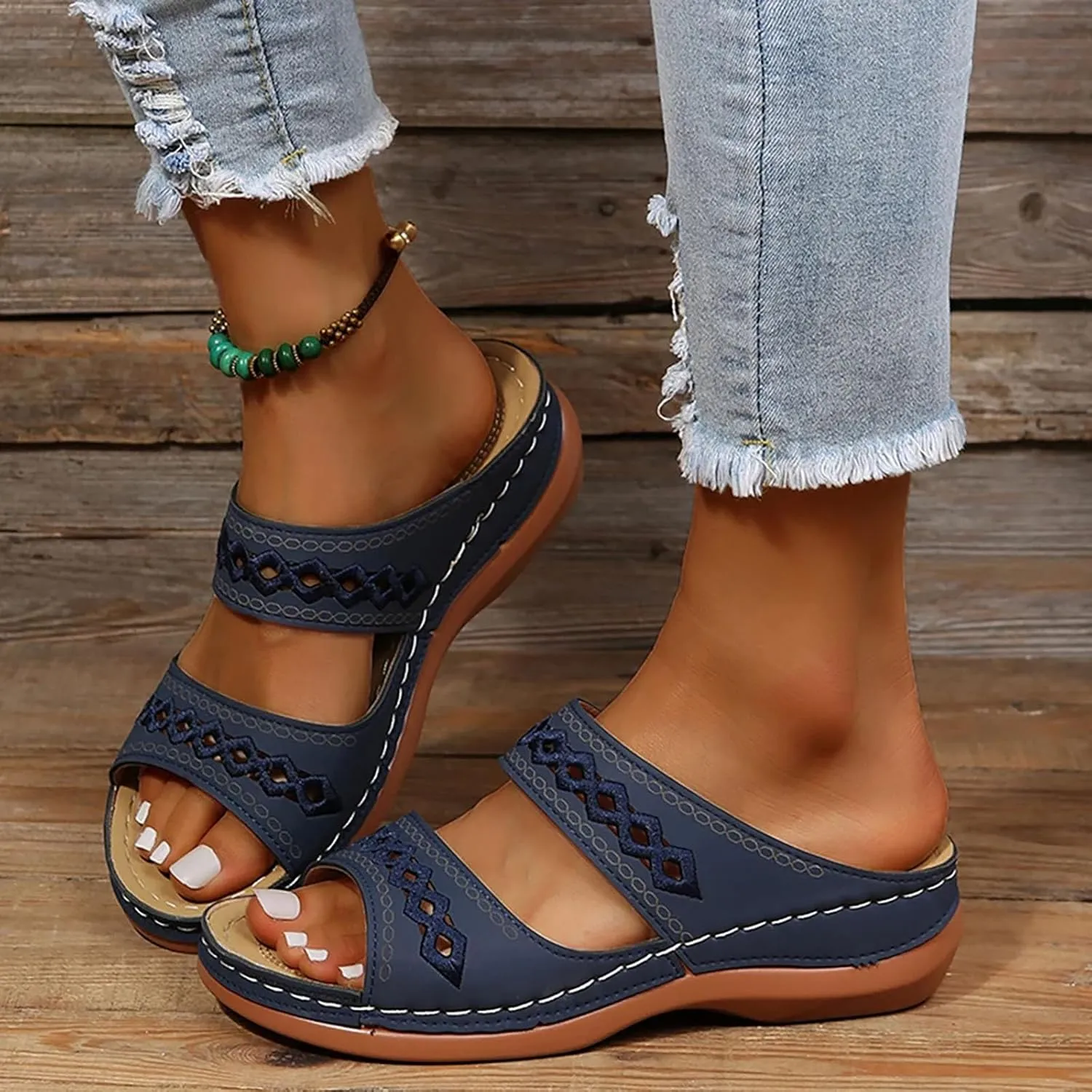 Women's Premium PU Cover Slip-On Sandals, Summer Breathable Non-slip Wedge Beach Walking Shoes