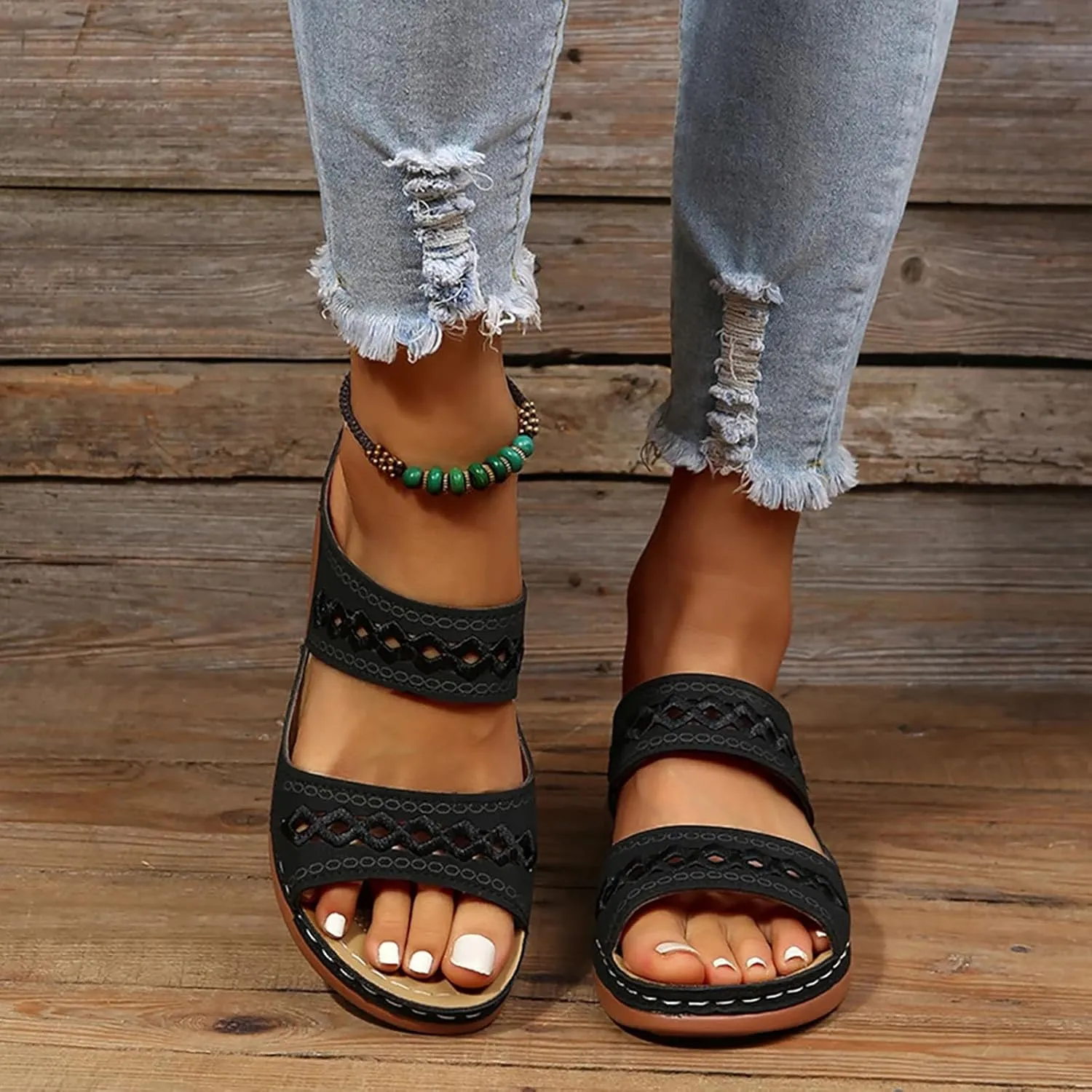 Women's Premium PU Cover Slip-On Sandals, Summer Breathable Non-slip Wedge Beach Walking Shoes