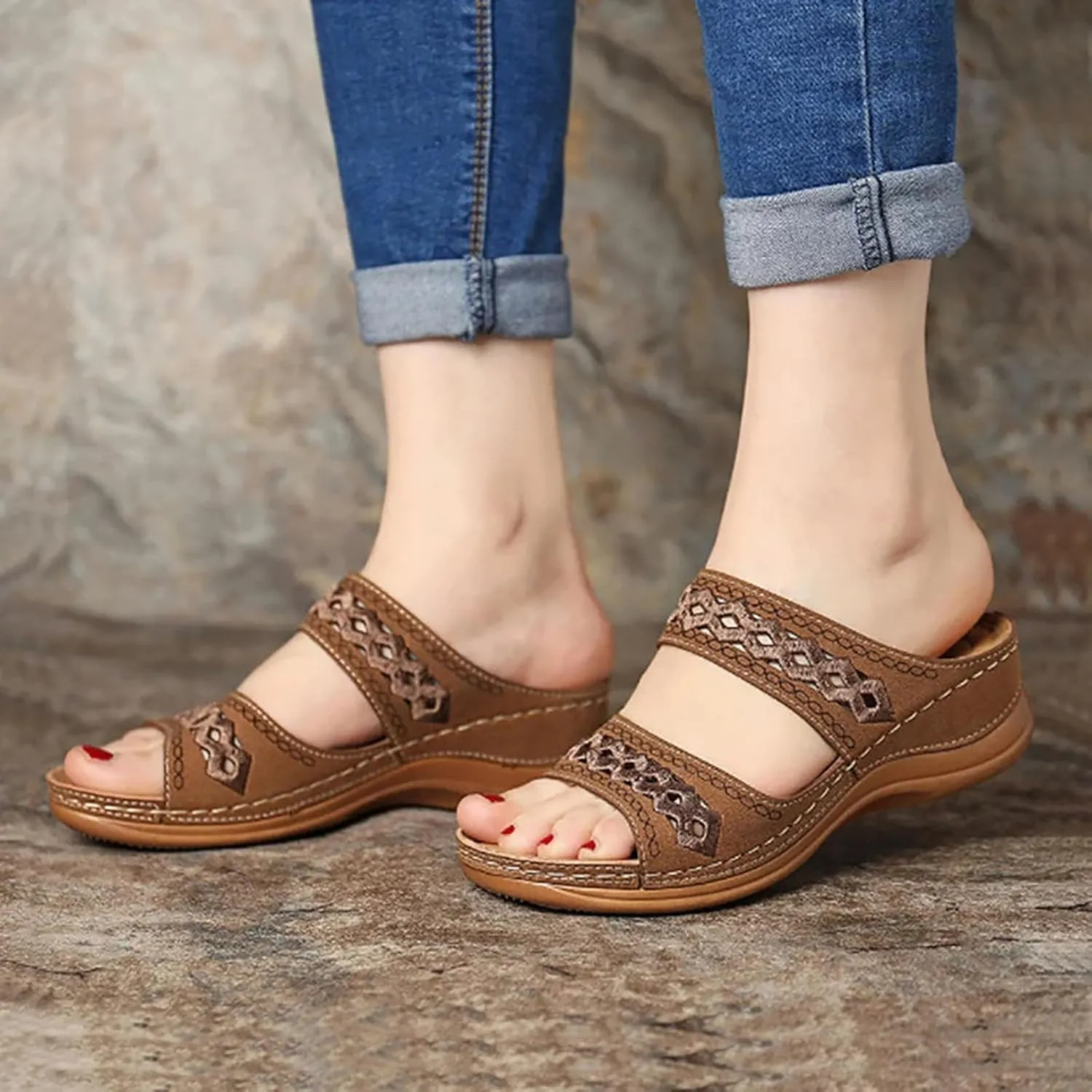 Women's Premium PU Cover Slip-On Sandals, Summer Breathable Non-slip Wedge Beach Walking Shoes