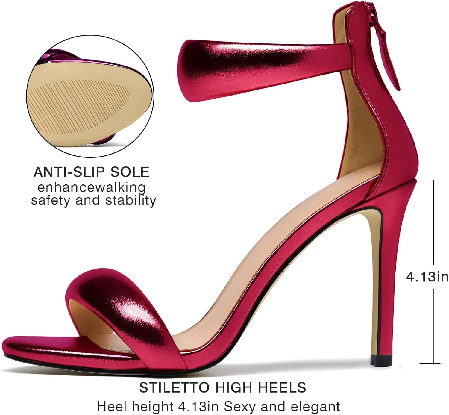 Women's Pump Open Toe Heel Sandals Back Zipper Round Ankle Strappy Stiletto Heels Sparkle Glitter Metallic Party Sexy Wedding Dressy Shoes