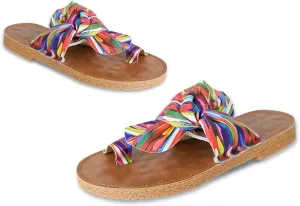 Women's Rainbow Bow Tie Flat Beach Sandals Casual Multicolored Striped Vacation Open Toe Thong Sandals Summer Slides Shoes
