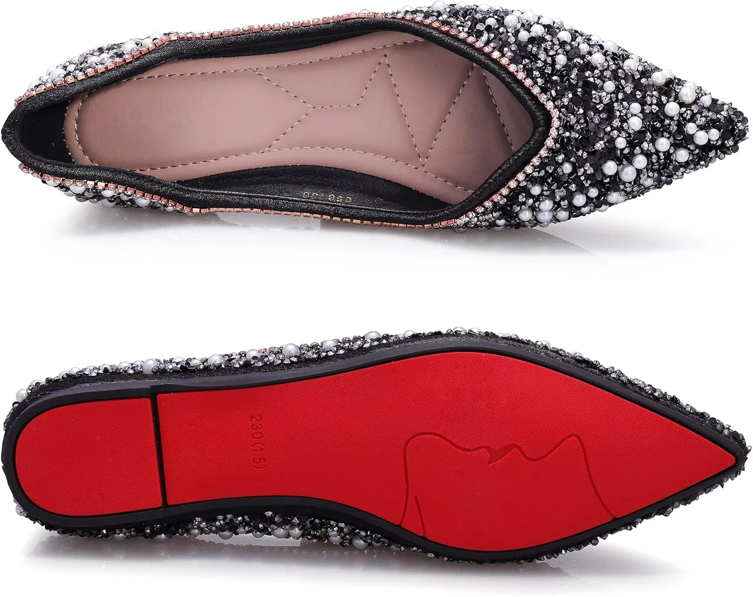 Women's Rhinestone Flats Fashion Pointed Toe Pearl Diamond Low Heel Dress Wedding Flats Work Business Dance Ballet Flats