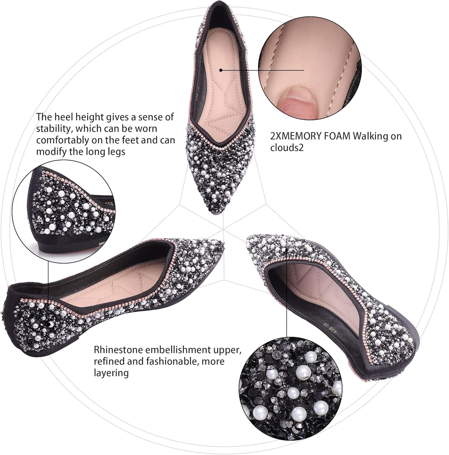 Women's Rhinestone Flats Fashion Pointed Toe Pearl Diamond Low Heel Dress Wedding Flats Work Business Dance Ballet Flats