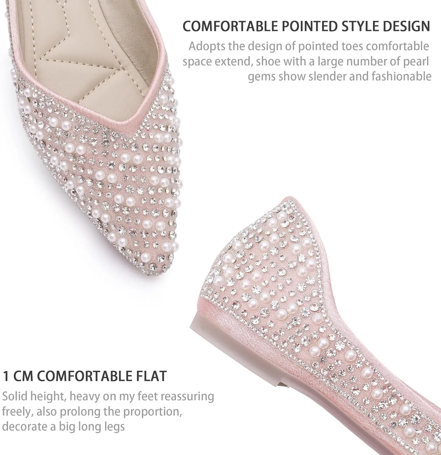 Women's Rhinestone Flats Fashion Pointed Toe Pearl Diamond Low Heel Dress Wedding Flats Work Business Dance Ballet Flats