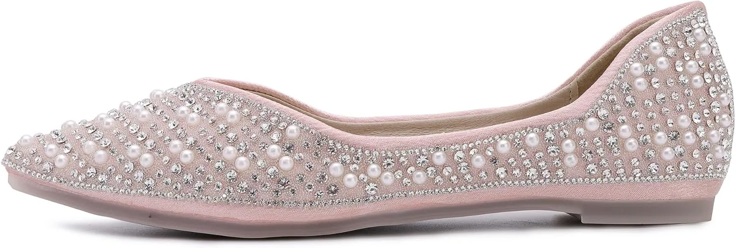 Women's Rhinestone Flats Fashion Pointed Toe Pearl Diamond Low Heel Dress Wedding Flats Work Business Dance Ballet Flats