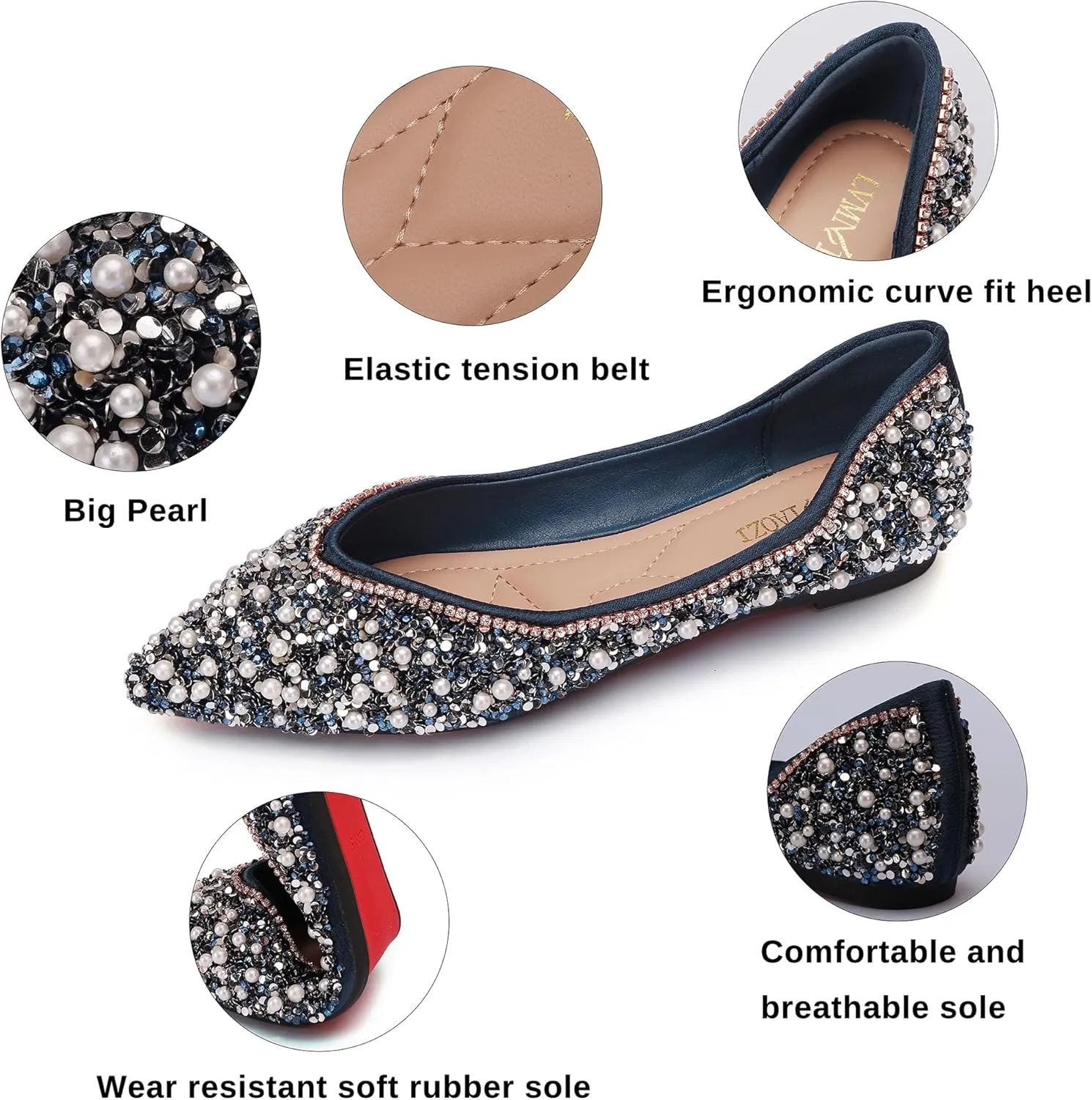 Women's Rhinestone Flats Fashion Pointed Toe Pearl Diamond Low Heel Dress Wedding Flats Work Business Dance Ballet Flats
