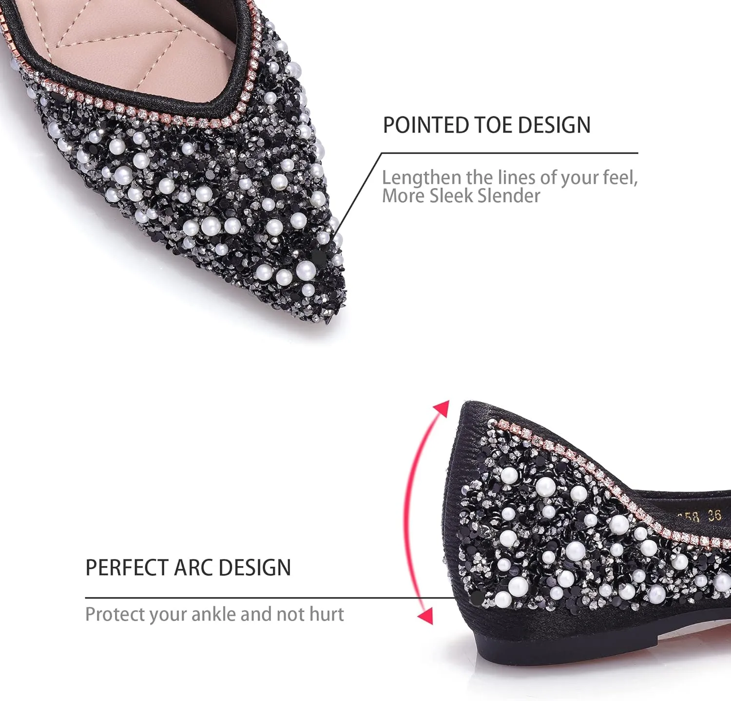 Women's Rhinestone Flats Fashion Pointed Toe Pearl Diamond Low Heel Dress Wedding Flats Work Business Dance Ballet Flats