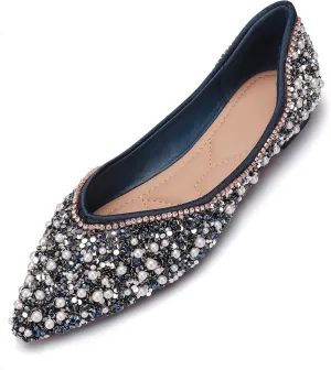 Women's Rhinestone Flats Fashion Pointed Toe Pearl Diamond Low Heel Dress Wedding Flats Work Business Dance Ballet Flats