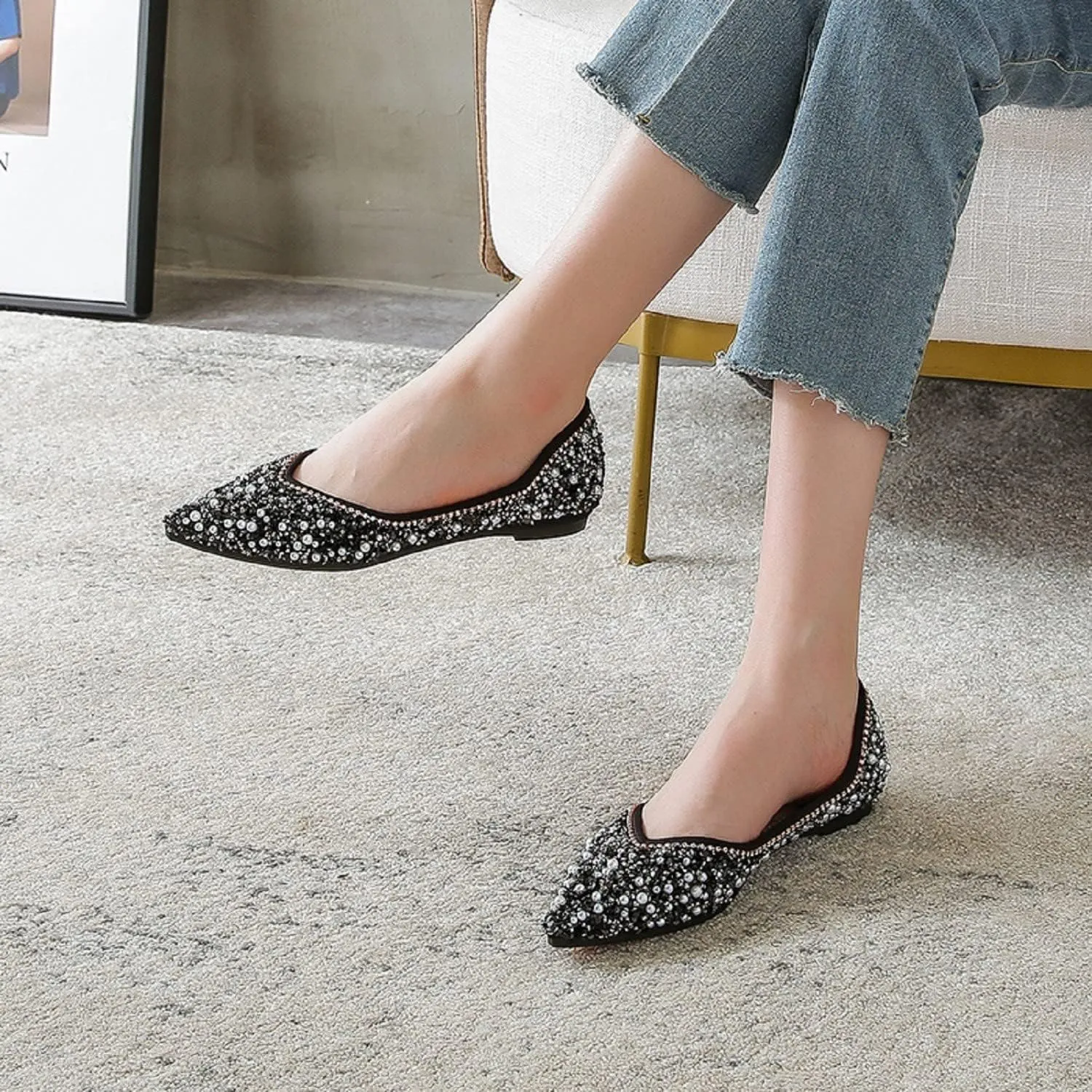 Women's Rhinestone Flats Fashion Pointed Toe Pearl Diamond Low Heel Dress Wedding Flats Work Business Dance Ballet Flats