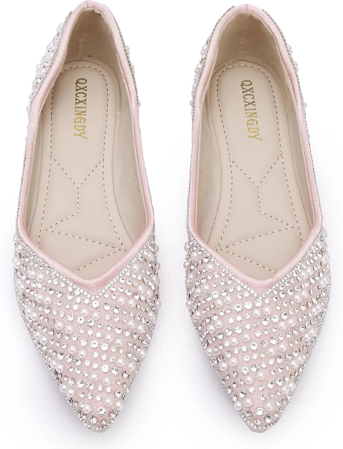 Women's Rhinestone Flats Fashion Pointed Toe Pearl Diamond Low Heel Dress Wedding Flats Work Business Dance Ballet Flats