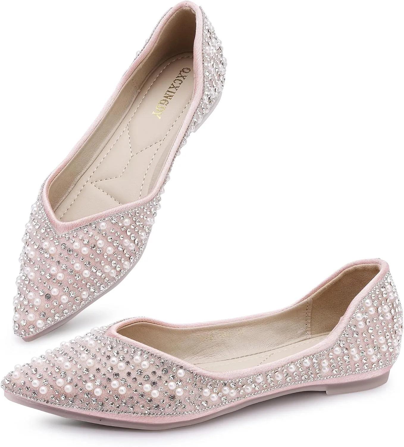Women's Rhinestone Flats Fashion Pointed Toe Pearl Diamond Low Heel Dress Wedding Flats Work Business Dance Ballet Flats