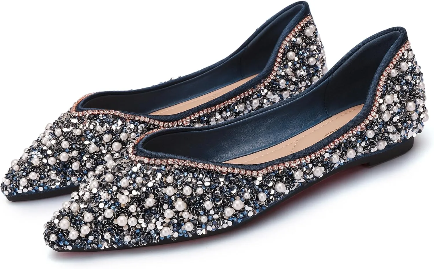 Women's Rhinestone Flats Fashion Pointed Toe Pearl Diamond Low Heel Dress Wedding Flats Work Business Dance Ballet Flats