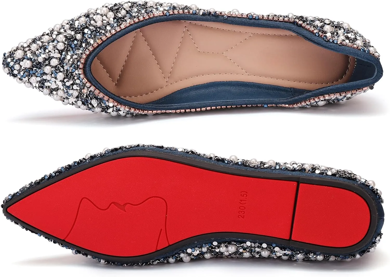 Women's Rhinestone Flats Fashion Pointed Toe Pearl Diamond Low Heel Dress Wedding Flats Work Business Dance Ballet Flats