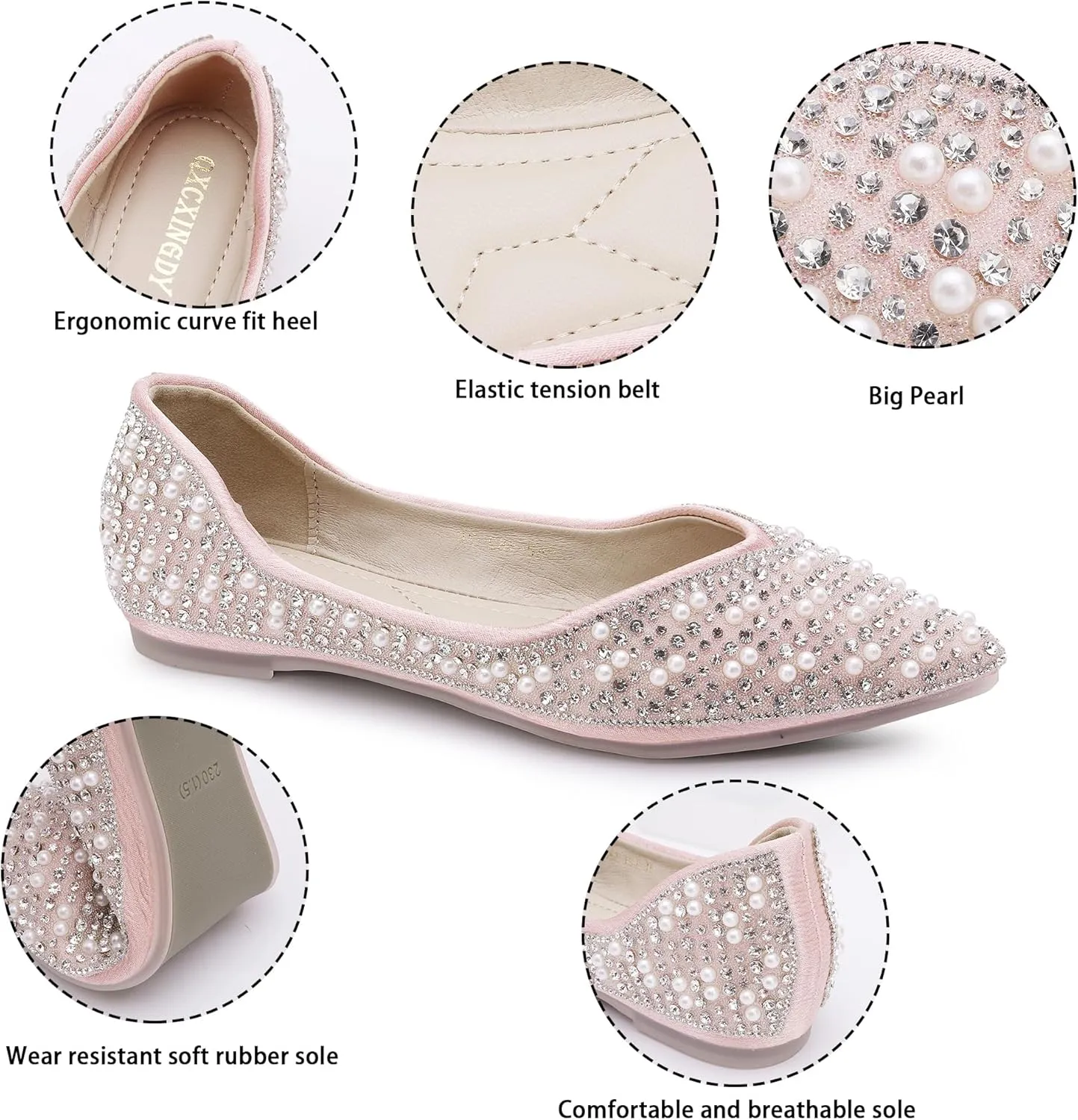 Women's Rhinestone Flats Fashion Pointed Toe Pearl Diamond Low Heel Dress Wedding Flats Work Business Dance Ballet Flats
