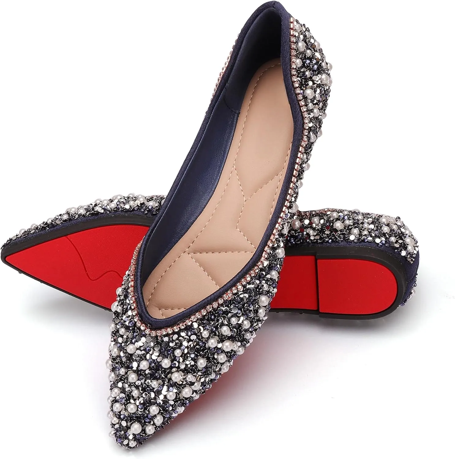 Women's Rhinestone Flats Fashion Pointed Toe Pearl Diamond Low Heel Dress Wedding Flats Work Business Dance Ballet Flats