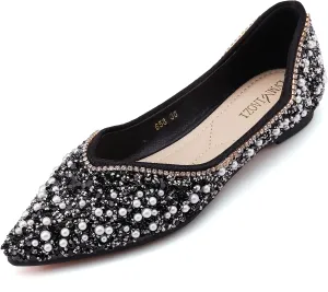 Women's Rhinestone Flats Fashion Pointed Toe Pearl Diamond Low Heel Dress Wedding Flats Work Business Dance Ballet Flats