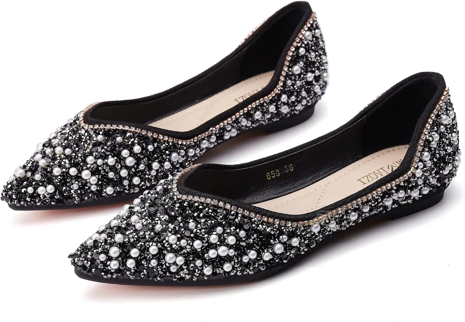 Women's Rhinestone Flats Fashion Pointed Toe Pearl Diamond Low Heel Dress Wedding Flats Work Business Dance Ballet Flats