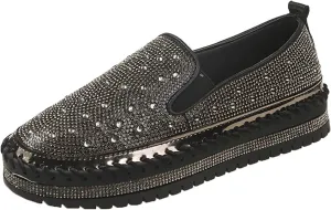 Women's Rhinestone Loafers Soft Thick Bottom Sparkly Banquet Shoes Cushioned Slip-On Ballet Flat High Top Skate Shoe